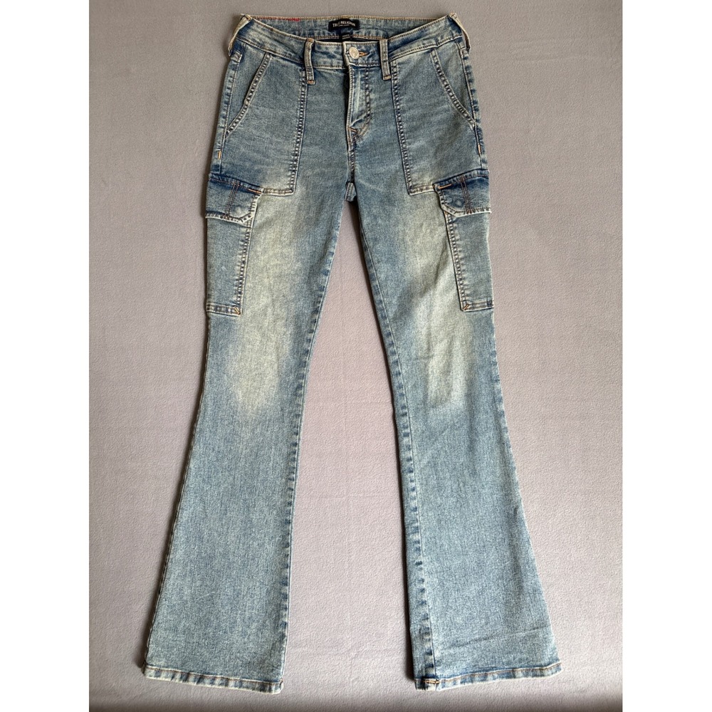 True Religion Cargo Jeans Womens 27 Light Blue Excellent Flare Y2K Utility Style